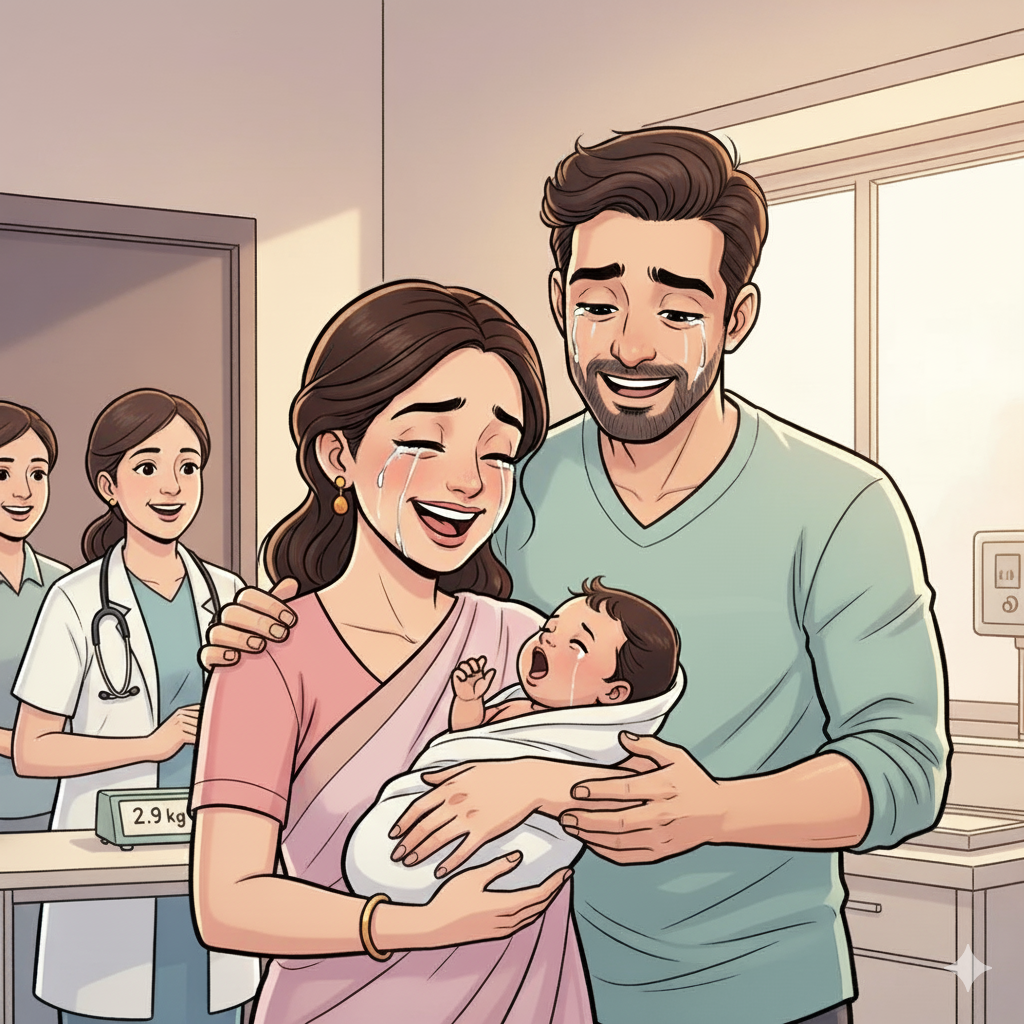 Renu delivered a healthy 2.9 kg baby girl.